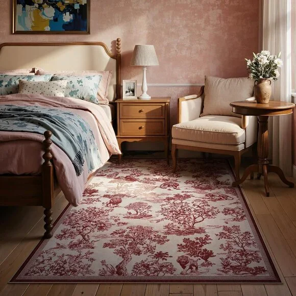 5x7 Area Rugs Red Delft Rug for Living Room, Washable Rug for Bedroom Dining Roo - Picture 4 of 8